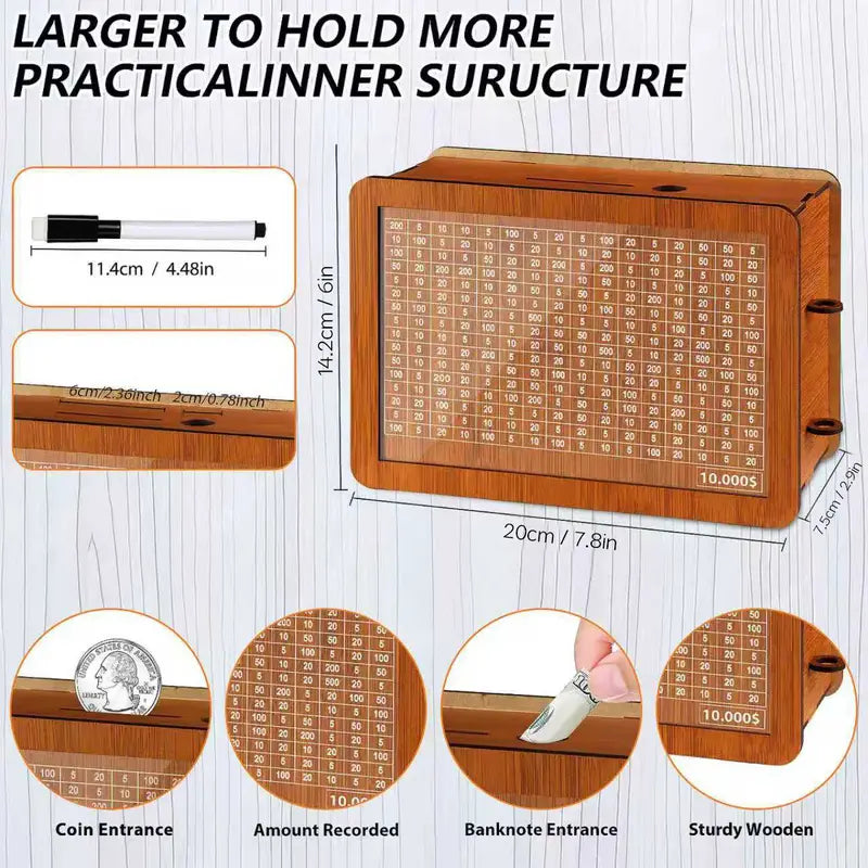 Larger Size FSC-Certified Brown Wooden Unisex Piggy Bank - Self-Assemble Transparent Acrylic Cash Box, Kakeibo Saving Tool with Counter, Dry Erase Pen, Math Educational Toy for Kids, Saving Games for Graduations