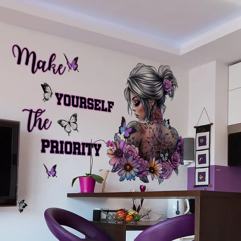 Girl & Butterfly & Letter Pattern Wall Stickers (2pcs) Self-adhesive Wall Decals Home Bedroom Living Room Creative Decorative Posters Motivational Quotes Wall Stickers