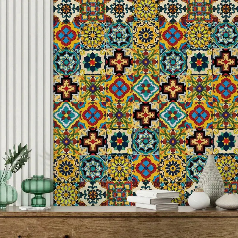 30-Pack Square Classic Mexican Yellow Flower Design Decorative Vinyl Wall Stickers, 4x4 in Self-Adhesive Waterproof Reusable Multi-Surfaces Murals for Living Room, Dorm Room Home Decor