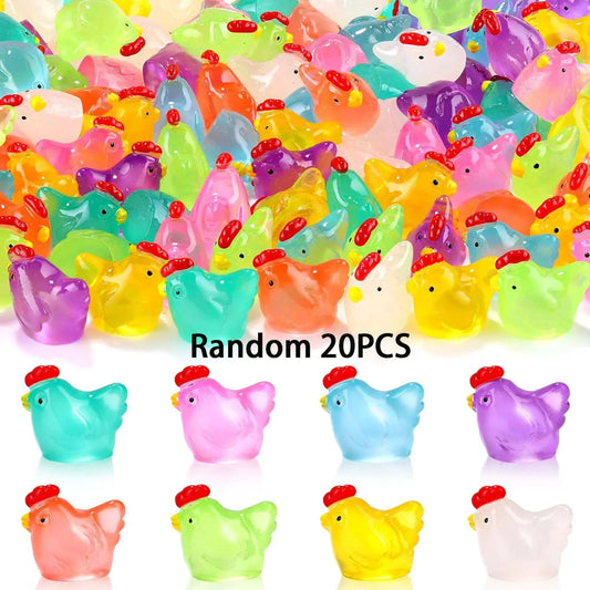 Luminous Mini Chicken Figurines, Cartoon Figurine, 20pcs/set Resin Miniature Animals, Resin Animals Variety Pack, Tiny Glow in The Dark Chickens for Dollhouse, Decoration Items, Resin Animal Sculptures