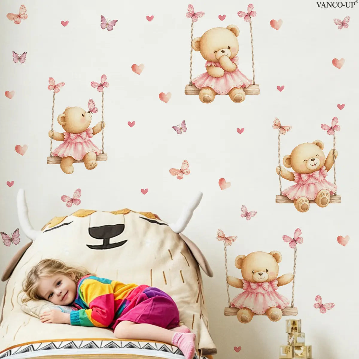 2Pcs Set (30*60cm) Cute Pink Teddy Bear Swing Self-adhesive Wall Stickers Wall Decal with Butterflies & Hearts, Decor for Girls & Kids Room, Decorative Sticker