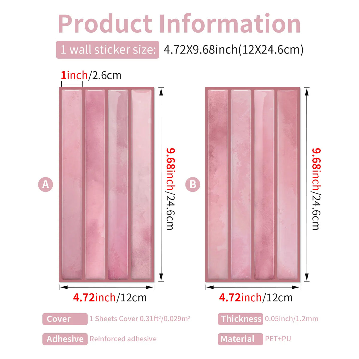 12/24/48PCS (ETP05) Epoxy 3D Pink Vertical Striped Misty Texture Decorative Wall Tile Stickers | Waterproof Oil-Proof Kitchen Bathroom Decoration Waterproof Wall Decals