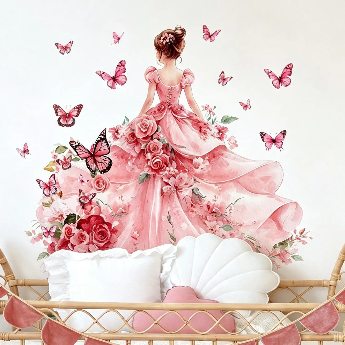 Contemporary Style Pink Floral and Butterfly Girl Wall Decals - Decorative Wall Sticker, Modern Wall Sticker, Flower Wall Stickers, Wall Art Stickers, Large Self-adhesive PVC Wall Stickers for Living Room Bedroom Sofa Backdrop, Detachable Irregular Shape