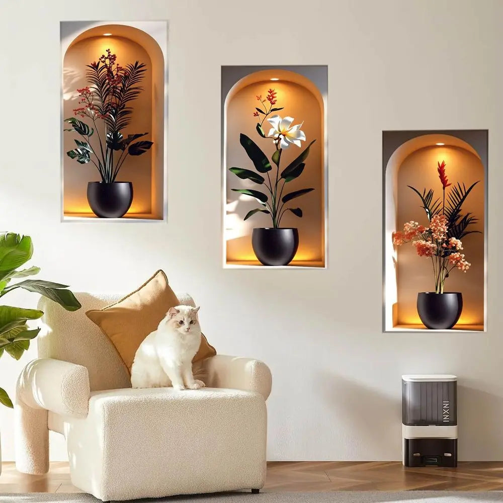 Elegant Tropical Plant Niche Wall Stickers Decor Wall Decals, Decoration Items, Arch Display Window Theme Exotic Leaf Floral Fake Window Scene, Removable Self-Adhesive PVC Wallpaper