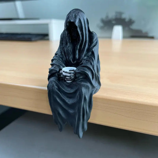 Seated Ghost With Tea Cup- 3D Printed Gothic Decoration, Skeleton Holding Cup, Halloween Horror Decor, Black Resin Figurine