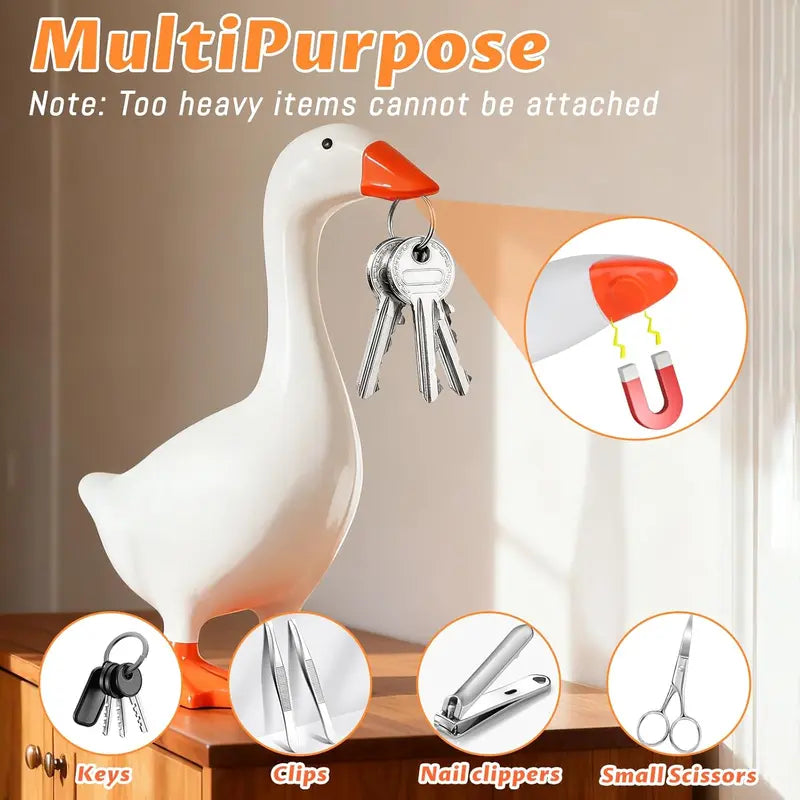 7 Inch Magnetic Goose Desk Organizer, Cute Resin Duck Statue with Magnetic Beak for Keys, Paper Clips and Small Tools, Funny Tabletop Decor for Home Office, Bedroom, Entryway, Dorm and Coworker Gift