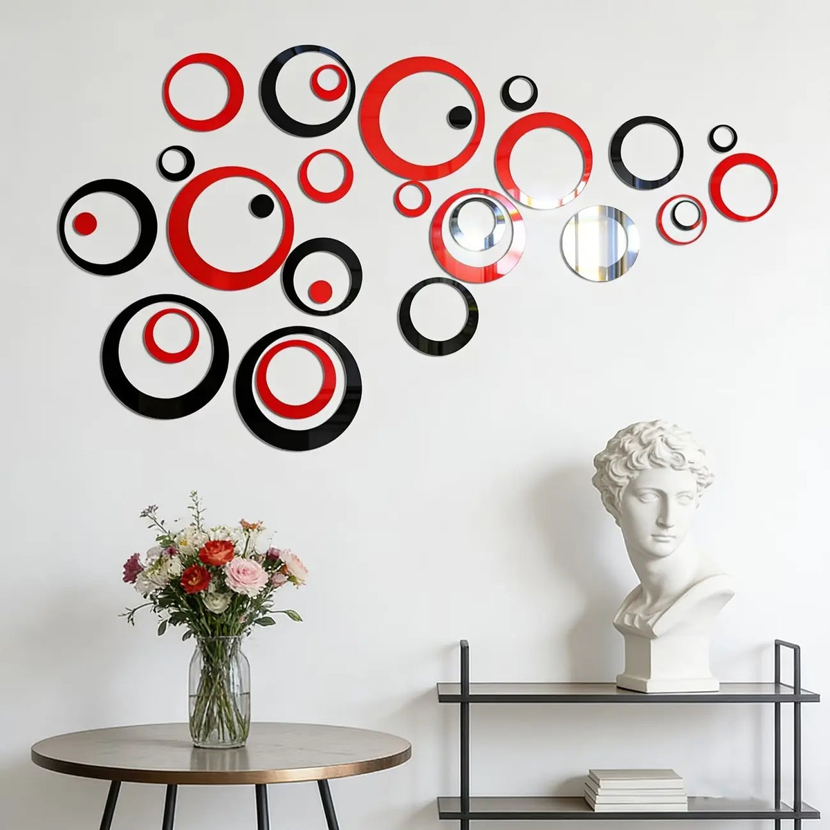 72pcs red and black hollow circular acrylic mirror wall stickers, Round Design Decorative sticker, suitable for home decoration (living room, bathroom, bedroom, lintel), DIY detachable wall stickers, Reflective