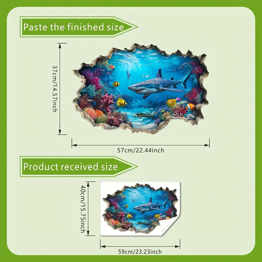 Ocean World Bathroom Wall Sticker with Shark Tropical Fish Coral Elements, Marine Elements, Immersive Underwater Scene Decorative Decal, Decorative Stickers, 3D Wall Art for Bathrooms, Unique Decoration, Decorating
