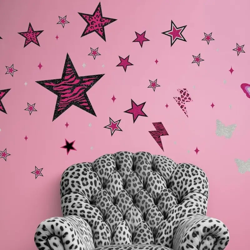 1 set of 4pcs pink Star Love Lightning Wall Stickers: Star Love with leopard print, zebra print and other elements, paired with lightning design, adds lively and cool feeling to the bedroom, vinyl removable home decoration stickers Wall Decals
