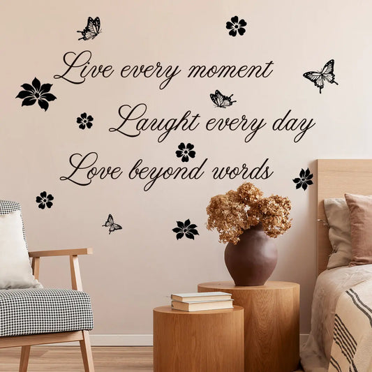 (30*60cm) black English slogan butterfly and flower Decorative wall sticker for beautifying home, living room, entrance, corridor, bedroom decoration background wall. Self-adhesive, Floral Pattern Sticker, MS8729