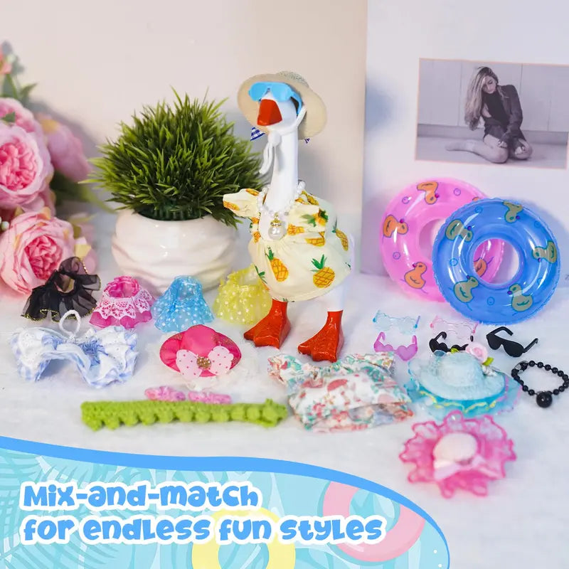 Desk Goose 22PCS 7in Polyester Outfits Set - Cute Short Switchable Dress-Up Accessories for Office Desk Figurine Decor: Hats, Sunglasses, Swim Rings, Bikini for Gifting & Special Occasions