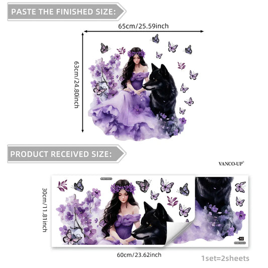 A set (30*60cm*2pcs) of "Purple Skirt and Black Wolf" 2D flat wall stickers, Wall Decals, home decoration self-adhesive wall stickers, Decorative Sticker, Wall Art Stickers, Wall Decorations, M16637-KX