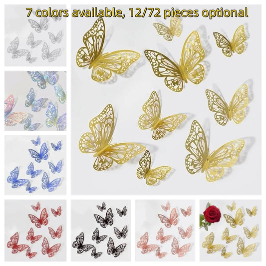 12/72 Pcs 3D Butterfly Unique Wall Decor Set, Hollow-Design Gold Butterflies for Party Decor and Bridal Shower, Creative Butterfly Stickers for Gift Boxes, Flower Arrangements and DIY Home Decoration, Decoration Items