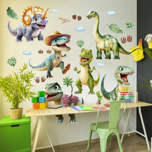 Dinosaur & Leaf Pattern Wall Sticker, 4 Counts/set Self Adhesive Wall Decal, Wall Art Decorative Sticker for Home Living Room Bedroom