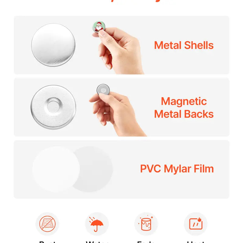 VEVOR 50-Set 0.98in/25mm Round Fridge Magnets Button Maker Supplies - Magnetic Backs, Metal Shells, Transparent Mylar Films, Blank Circle Papers for Home DIY, Christmas, Back to School (Refrigerator Decorating Magnetic Item)
