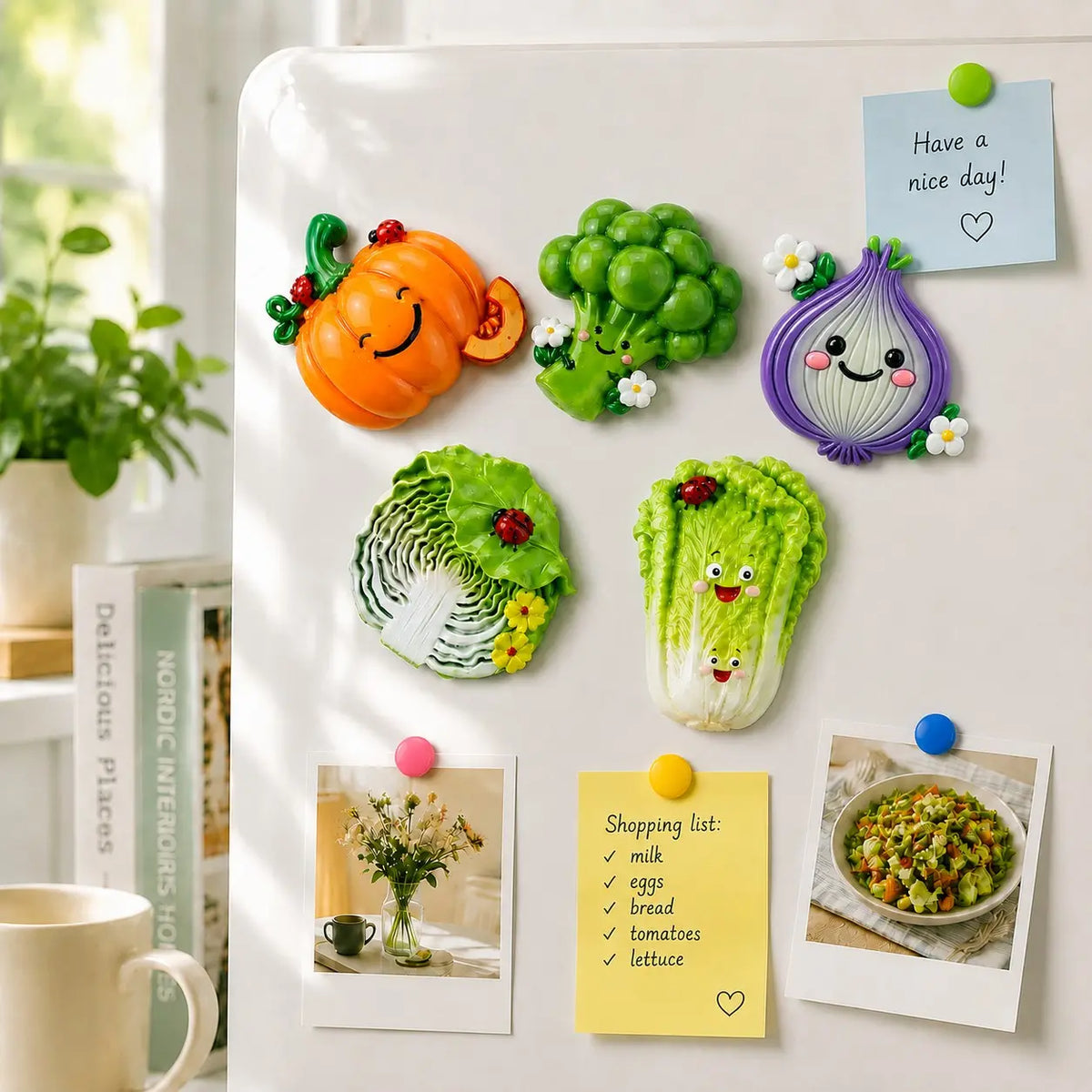 Kawaii Vegetable Fridge Magnets Set, 5PCS Cute Resin Cartoon Food Magnets, Funny Strong Magnetic Refrigerator Decorating Magnets for Kitchen, Office & Home, Novelty Gift Idea