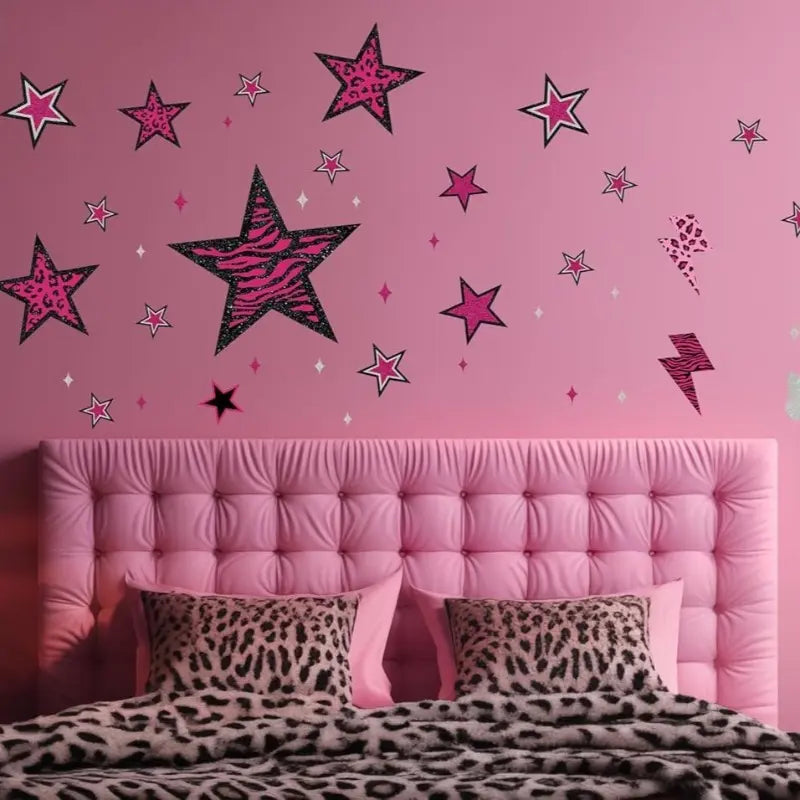 1 set of 4pcs pink Star Love Lightning Wall Stickers: Star Love with leopard print, zebra print and other elements, paired with lightning design, adds lively and cool feeling to the bedroom, vinyl removable home decoration stickers Wall Decals