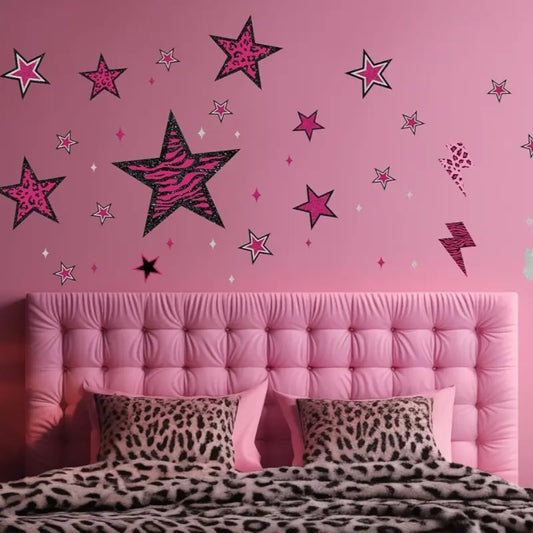 1 set of 4pcs pink Star Love Lightning Wall Stickers: Star Love with leopard print, zebra print and other elements, paired with lightning design, adds lively and cool feeling to the bedroom, vinyl removable home decoration stickers Wall Decals