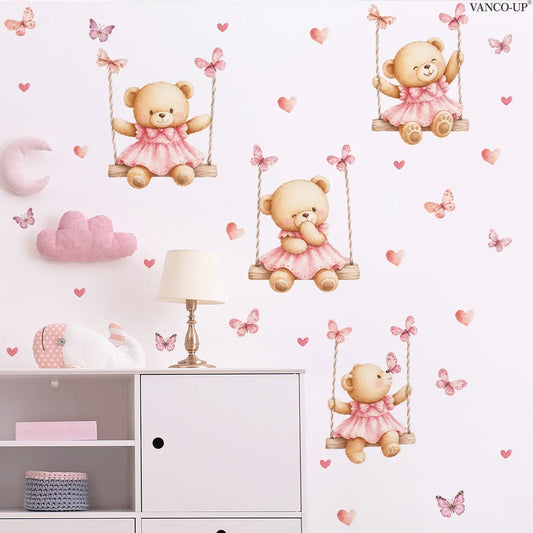 2Pcs Set (30*60cm) Cute Pink Teddy Bear Swing Self-adhesive Wall Stickers Wall Decal with Butterflies & Hearts, Decor for Girls & Kids Room, Decorative Sticker
