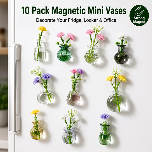 10-Pack Handmade Fiberglass Glass Magnetic Mini Vases - Decorative Fridge Magnets Set, Irregular Shape, Multi-Size, Art-Infused, Brown Bottle 14*23mm (Random Flower Color), Magnetic Base Hydroponic Propagation Bottles for Kitchen Decor (Bag/Box Pack)