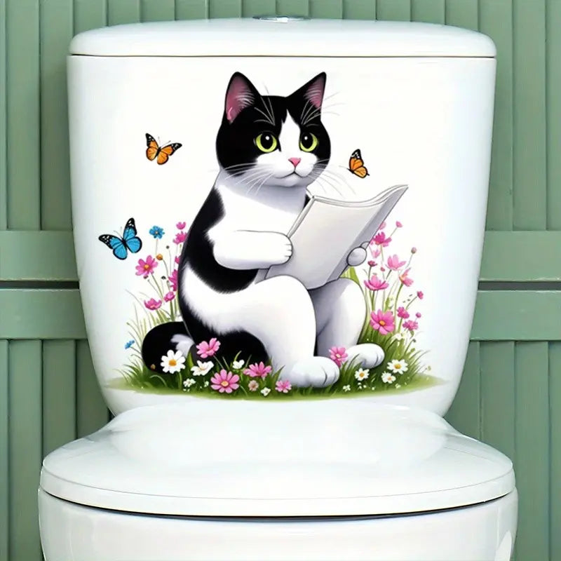 Cute Cat Reading Newspaper Toilet Sticker, Home Decor Stickers, Bathroom Decorative Wallpaper, Home Aesthetic Decoration, Spring Summer Essential
