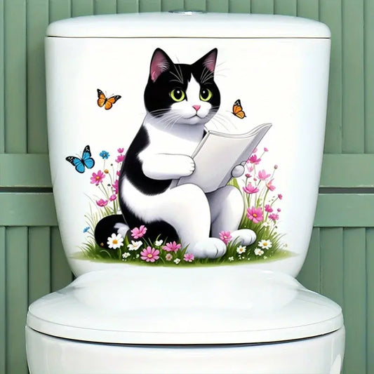 Cute Cat Reading Newspaper Toilet Sticker, Home Decor Stickers, Bathroom Decorative Wallpaper, Home Aesthetic Decoration, Spring Summer Essential