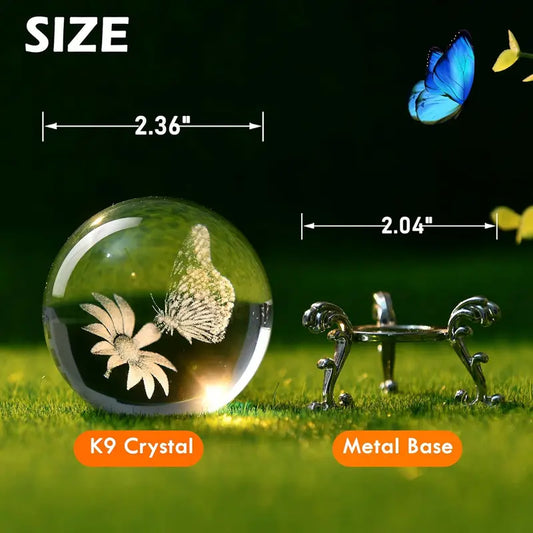 60mm 3D Etching Butterfly on Sunflower Crystal Ball with Stand - Art Figurine, Whimsical Unique Decor, Home Decor Accessory, Interior Decoration Accessories, Gifts for Women