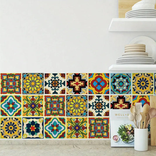30-Pack Square Classic Mexican Yellow Flower Design Decorative Vinyl Wall Stickers, 4x4 in Self-Adhesive Waterproof Reusable Multi-Surfaces Murals for Living Room, Dorm Room Home Decor