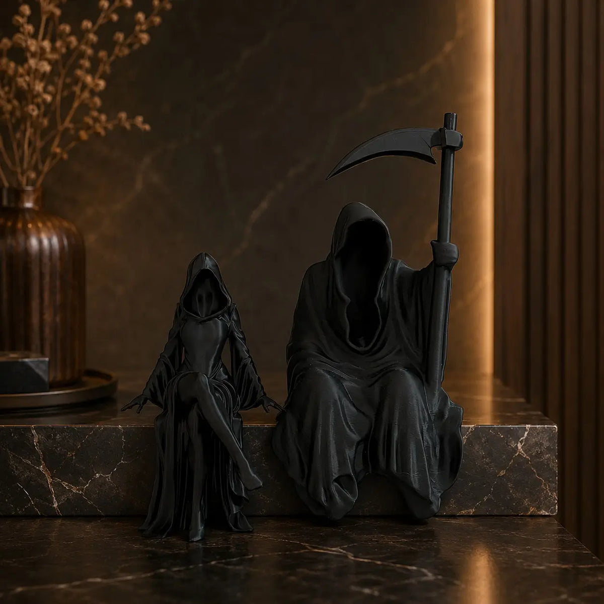 Grim Reaper Couple Figurine Death Lovers Statue Gothic Spooky Halloween Decoration Skeleton Couple Sculpture Dark Fantasy Bookshelf Decor Haunted House Tabletop Ornament Unique Holiday Collectible Gift