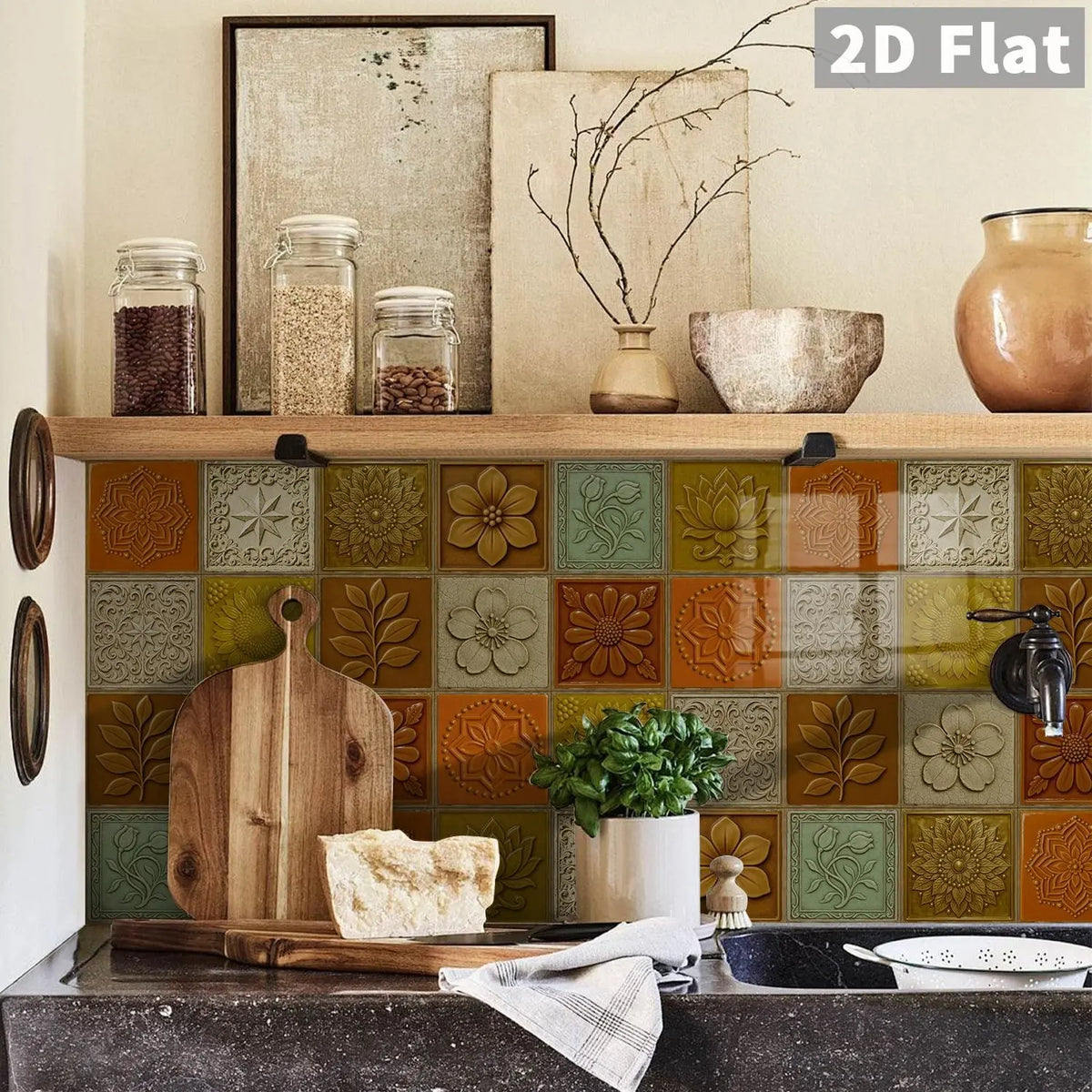 12/24 PCS per Gift Box, Sticker Set, ART PE Crystal Decorative Tile Stickers, Retro Warm Orange Embossed Floral & Star Pattern, Waterproof & Oil-Proof Self-Adhesive Tile Stickers for Kitchen, Bathroom, Tiles & Old Wooden Surfaces, Home Decor