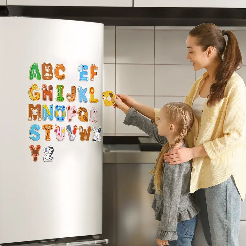 JoyCat Thick Wooden Large Round Animal & Fruit Shaped Magnetic Item Set, Refrigerator Decor with 26 Uppercase ABC Letters, 0-9 Numbers, Full Magnet Back, Room Decor, Storage Box, Educational Language Toy summerwins
