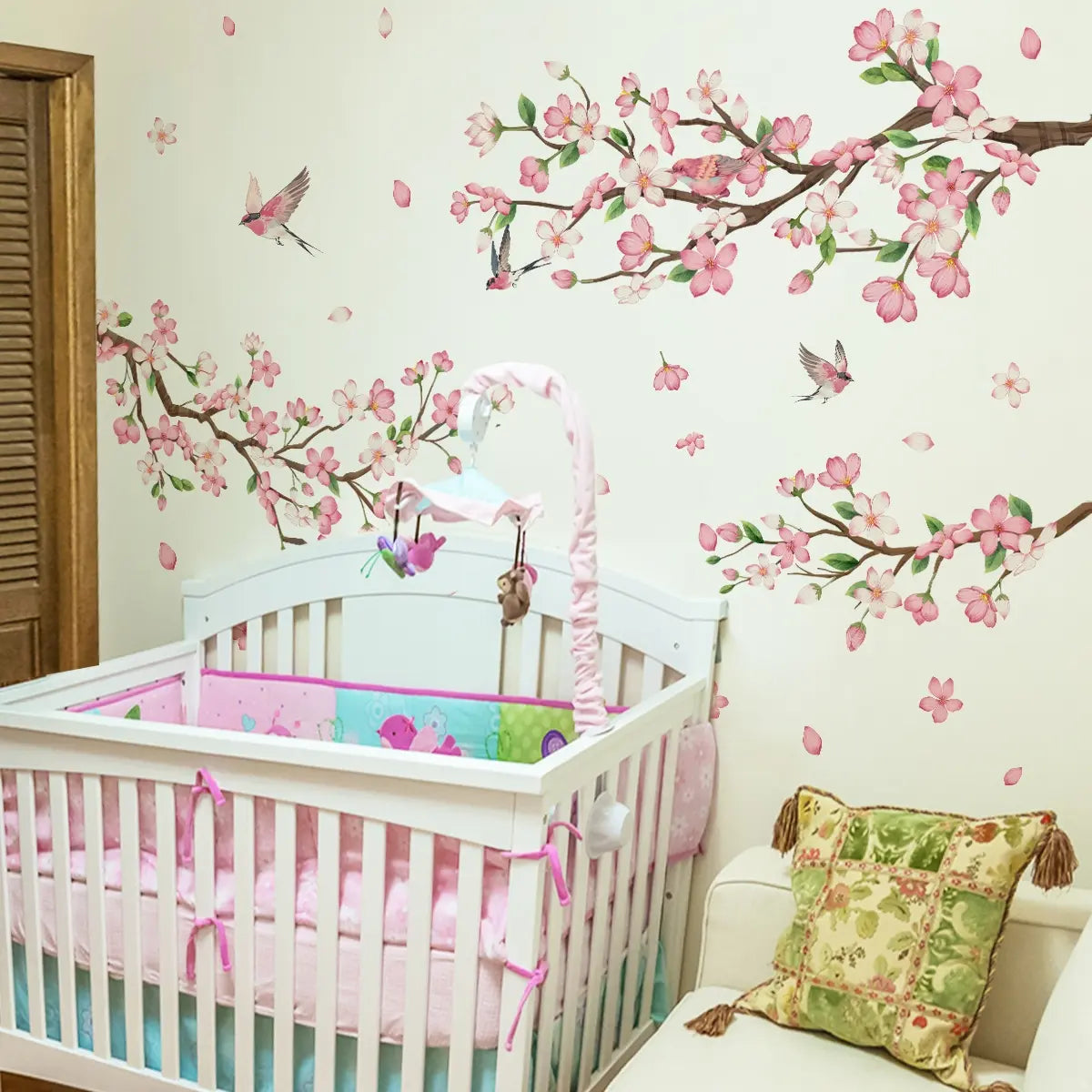 A set of two (30*90cm*2pcs) new creative pink flower, branch and bird spring wall stickers, suitable for bathroom and study room decoration items background wall stickers, Adhesive Stickers (M16085-YJ)