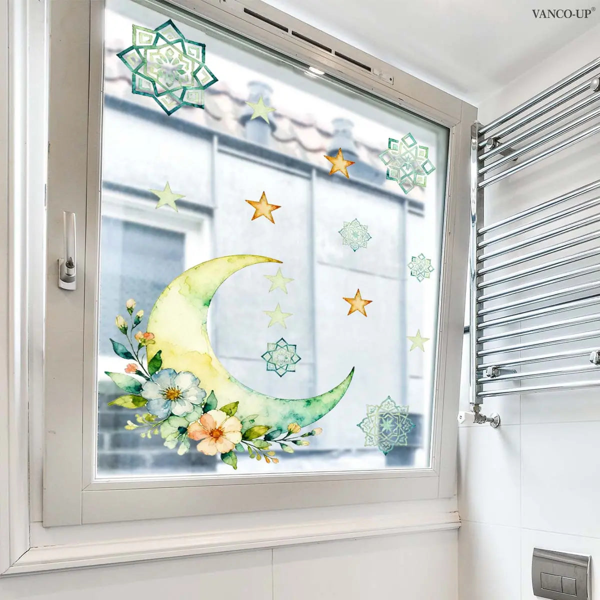 A piece (30*40cm) of Eid al-Fitr flower and moon window stickers with electrostatic adsorption for glass windows, festival decoration and beautification E21349-NC
