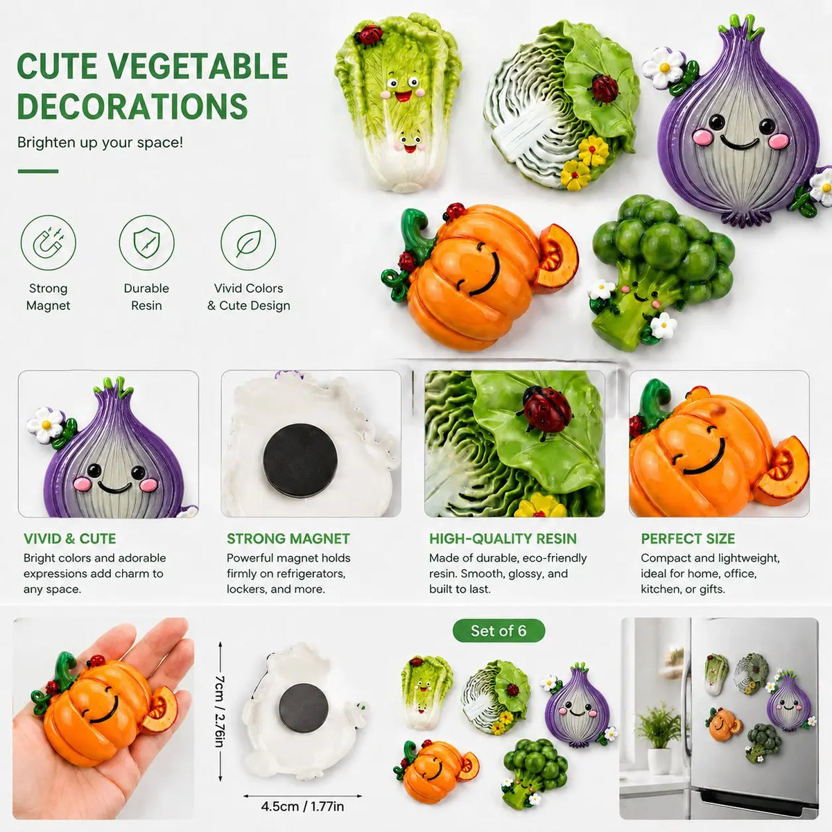 Kawaii Vegetable Fridge Magnets Set, 5PCS Cute Resin Cartoon Food Magnets, Funny Strong Magnetic Refrigerator Decorating Magnets for Kitchen, Office & Home, Novelty Gift Idea