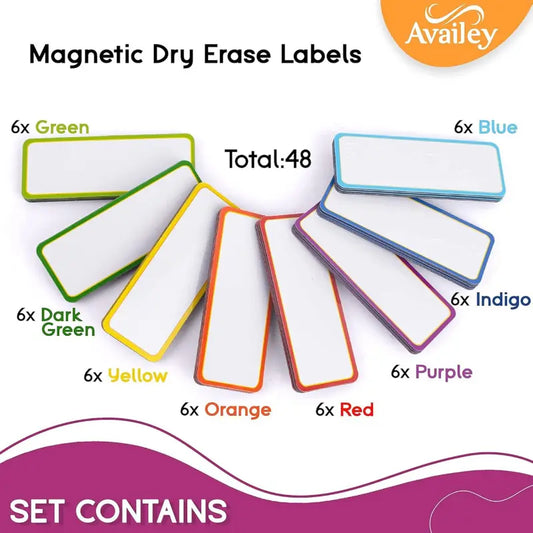 48 Pieces (3.2 x 1.2) - Colored Border Magnetic Dry Erase Labels - Reusable Strips for Classroom Home Office Garage Refrigerator Blank Writable Erasable Cards Name Tags Students Locker Shelf Stickers DIY Fridge Magnet Magnetic Item