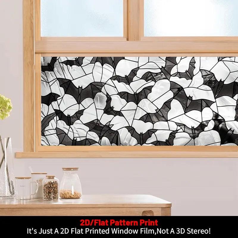 1pc, Window Decals for Glass Windows, Halloween Decorative Window Film, 2D Flat Black and White Bat Pattern Glass Window Sticker, Glass Door and Window Decorative Sticker, PVC Electrostatic Adsorption Decorative Window Film
