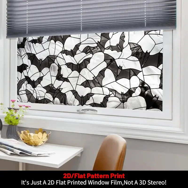 1pc, Window Decals for Glass Windows, Halloween Decorative Window Film, 2D Flat Black and White Bat Pattern Glass Window Sticker, Glass Door and Window Decorative Sticker, PVC Electrostatic Adsorption Decorative Window Film