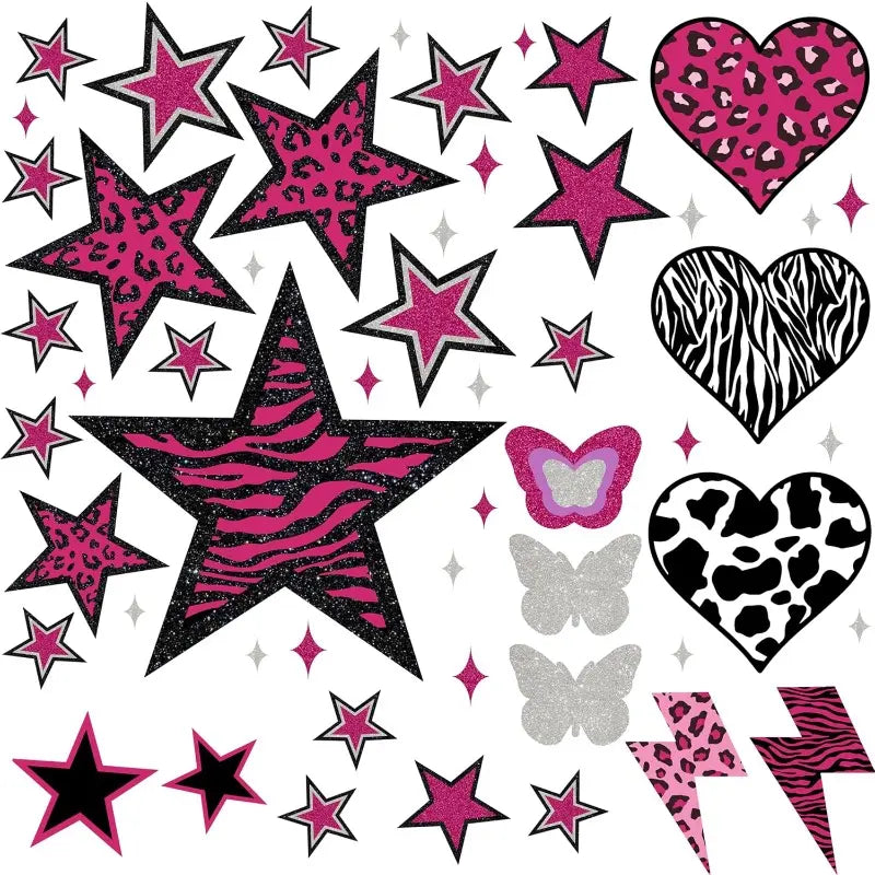 1 set of 4pcs pink Star Love Lightning Wall Stickers: Star Love with leopard print, zebra print and other elements, paired with lightning design, adds lively and cool feeling to the bedroom, vinyl removable home decoration stickers Wall Decals