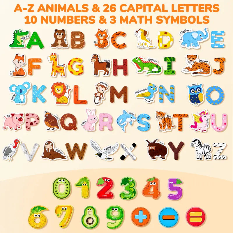 JoyCat Thick Wooden Large Round Animal & Fruit Shaped Magnetic Item Set, Refrigerator Decor with 26 Uppercase ABC Letters, 0-9 Numbers, Full Magnet Back, Room Decor, Storage Box, Educational Language Toy summerwins