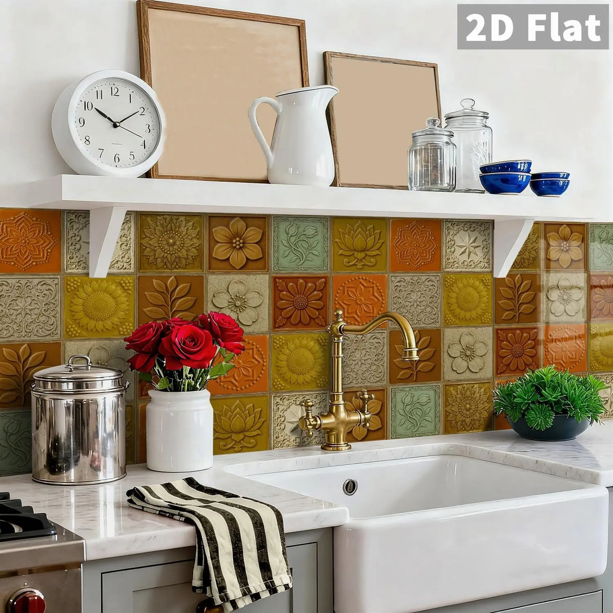 12/24 PCS per Gift Box, Sticker Set, ART PE Crystal Decorative Tile Stickers, Retro Warm Orange Embossed Floral & Star Pattern, Waterproof & Oil-Proof Self-Adhesive Tile Stickers for Kitchen, Bathroom, Tiles & Old Wooden Surfaces, Home Decor