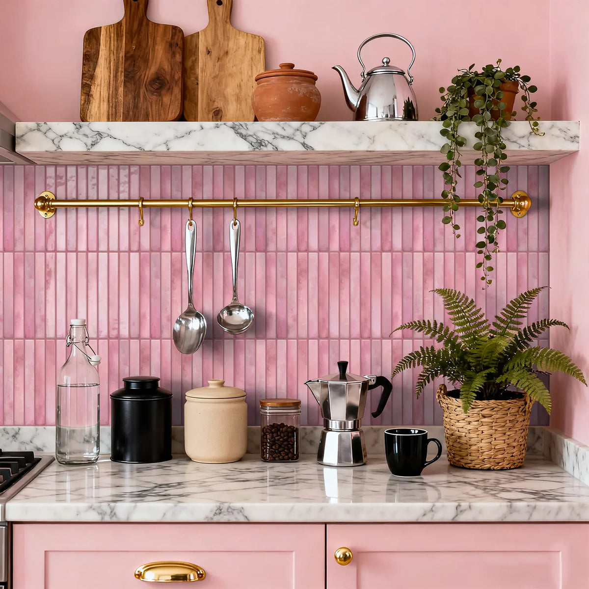 12/24/48PCS (ETP05) Epoxy 3D Pink Vertical Striped Misty Texture Decorative Wall Tile Stickers | Waterproof Oil-Proof Kitchen Bathroom Decoration Waterproof Wall Decals