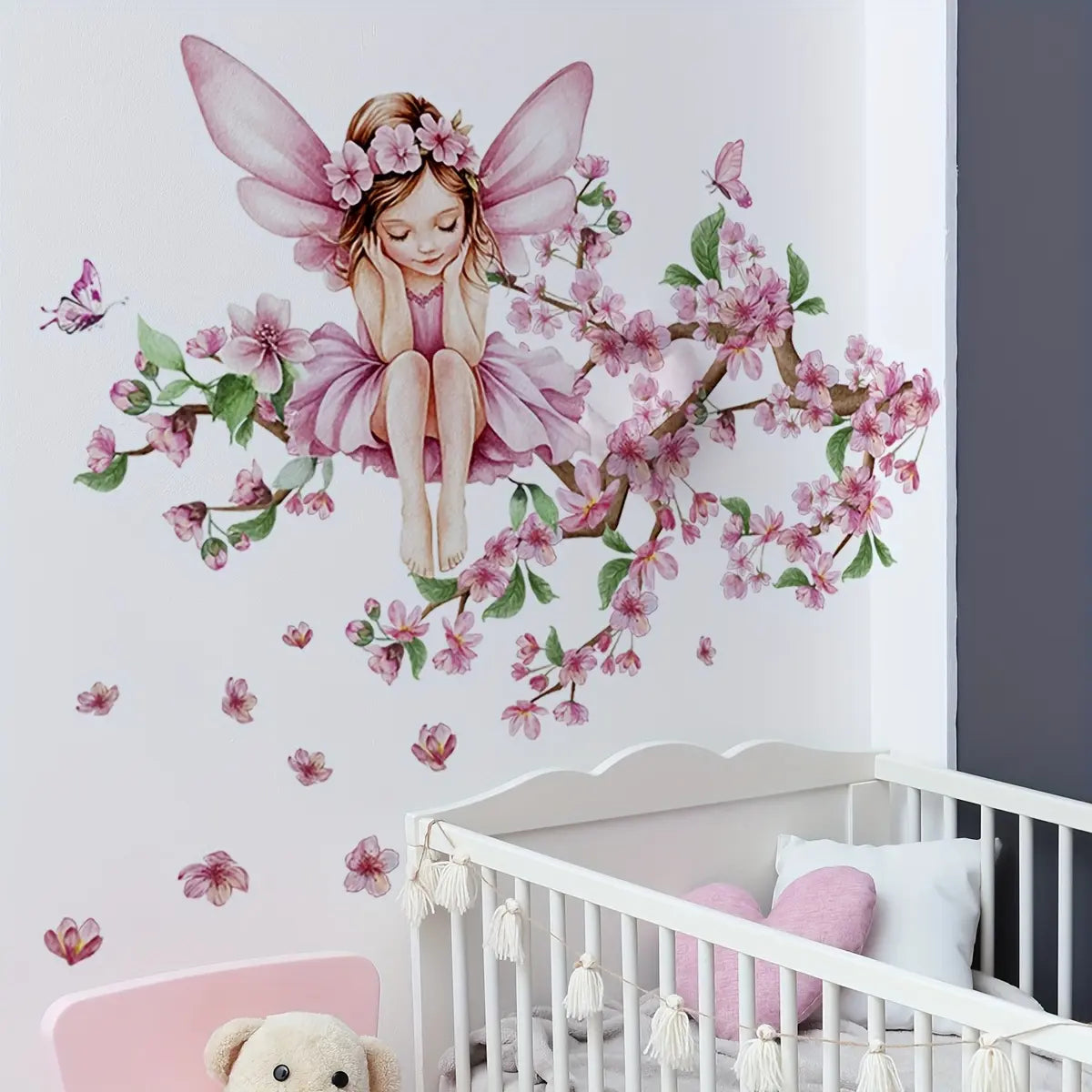 A (30*60cm) pink peach blossom tree butterfly fairy luminous wall sticker Wall Decal for living room, bedroom and home background decoration Decoration Items Decorative Stickers M19000-NC