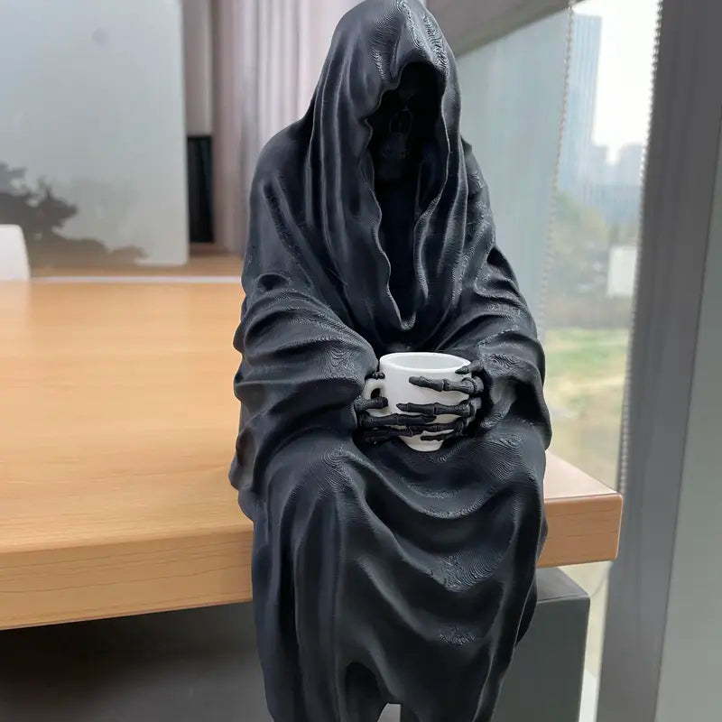 Seated Ghost With Tea Cup- 3D Printed Gothic Decoration, Skeleton Holding Cup, Halloween Horror Decor, Black Resin Figurine
