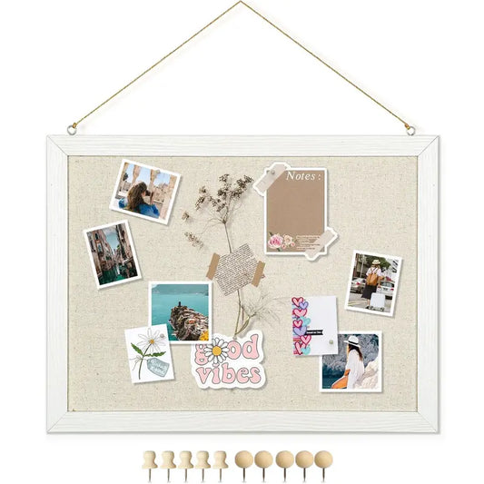 Wood Framed 16"x12" Wall Mounted Decorative Double-Sided Linen Cork Bulletin Board - 1-Pack Self-Repairing Pin Board with 10 Pushpins, Easy-Install Office Stationery for Home Decor, Office Use