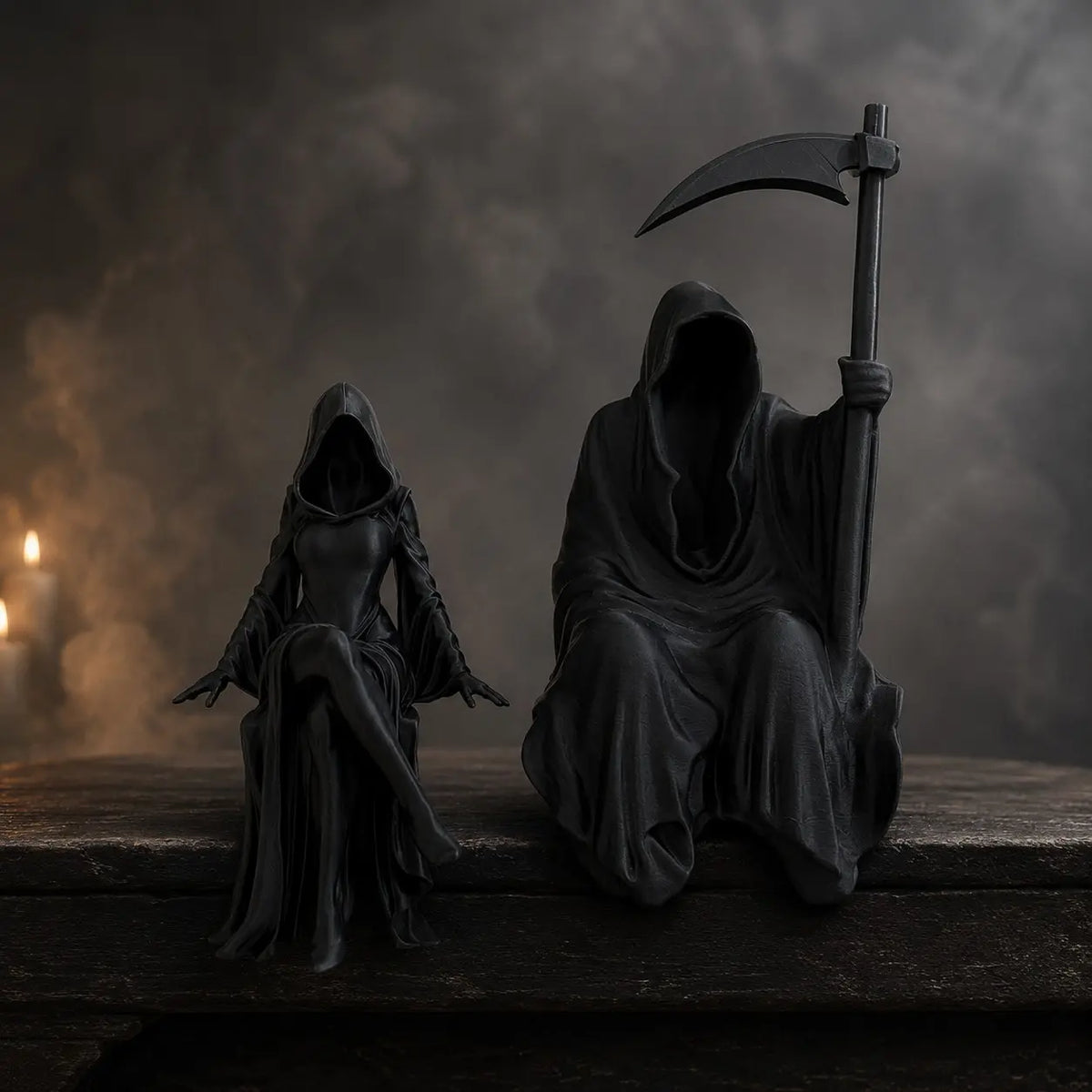 Grim Reaper Couple Figurine Death Lovers Statue Gothic Spooky Halloween Decoration Skeleton Couple Sculpture Dark Fantasy Bookshelf Decor Haunted House Tabletop Ornament Unique Holiday Collectible Gift