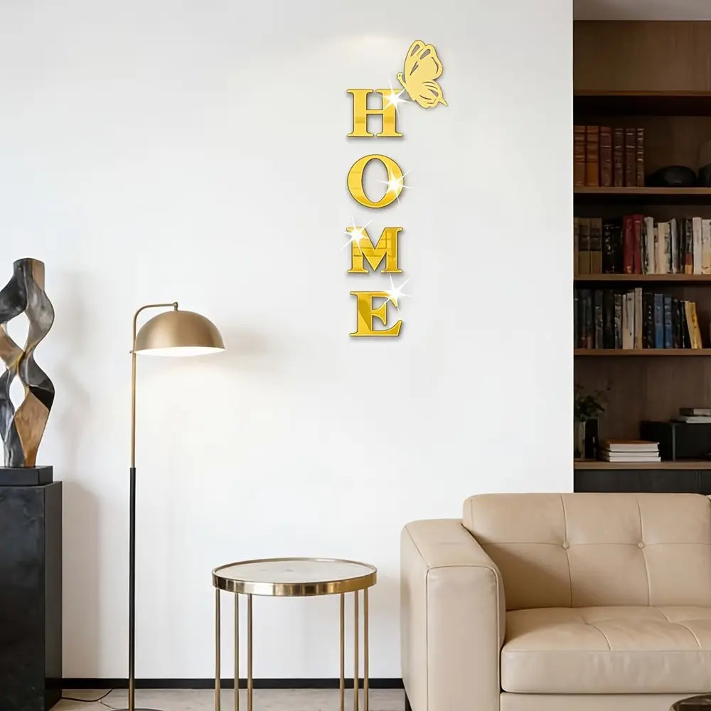 5PC, Golden HOME with butterfly acrylic mirror wall sticker, Acrylic Material, Ornaments, Versatile Placement, suitable for home decoration, living room, bathroom, bedroom, DIY detachable wall sticker, Wall Art Stickers, Wall Decal, Decoration Items