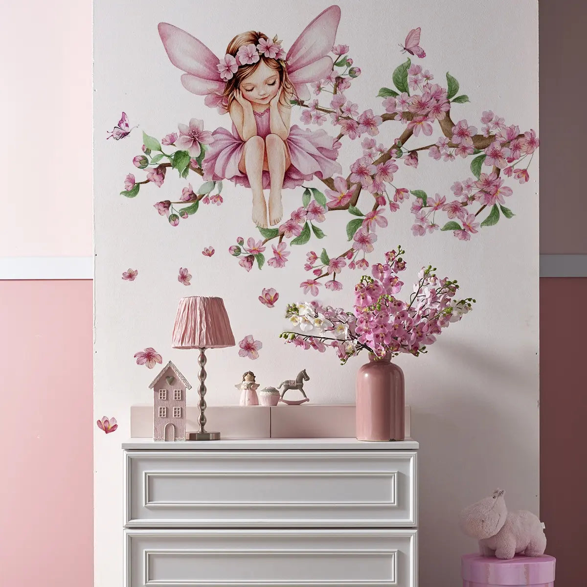 A (30*60cm) pink peach blossom tree butterfly fairy luminous wall sticker Wall Decal for living room, bedroom and home background decoration Decoration Items Decorative Stickers M19000-NC