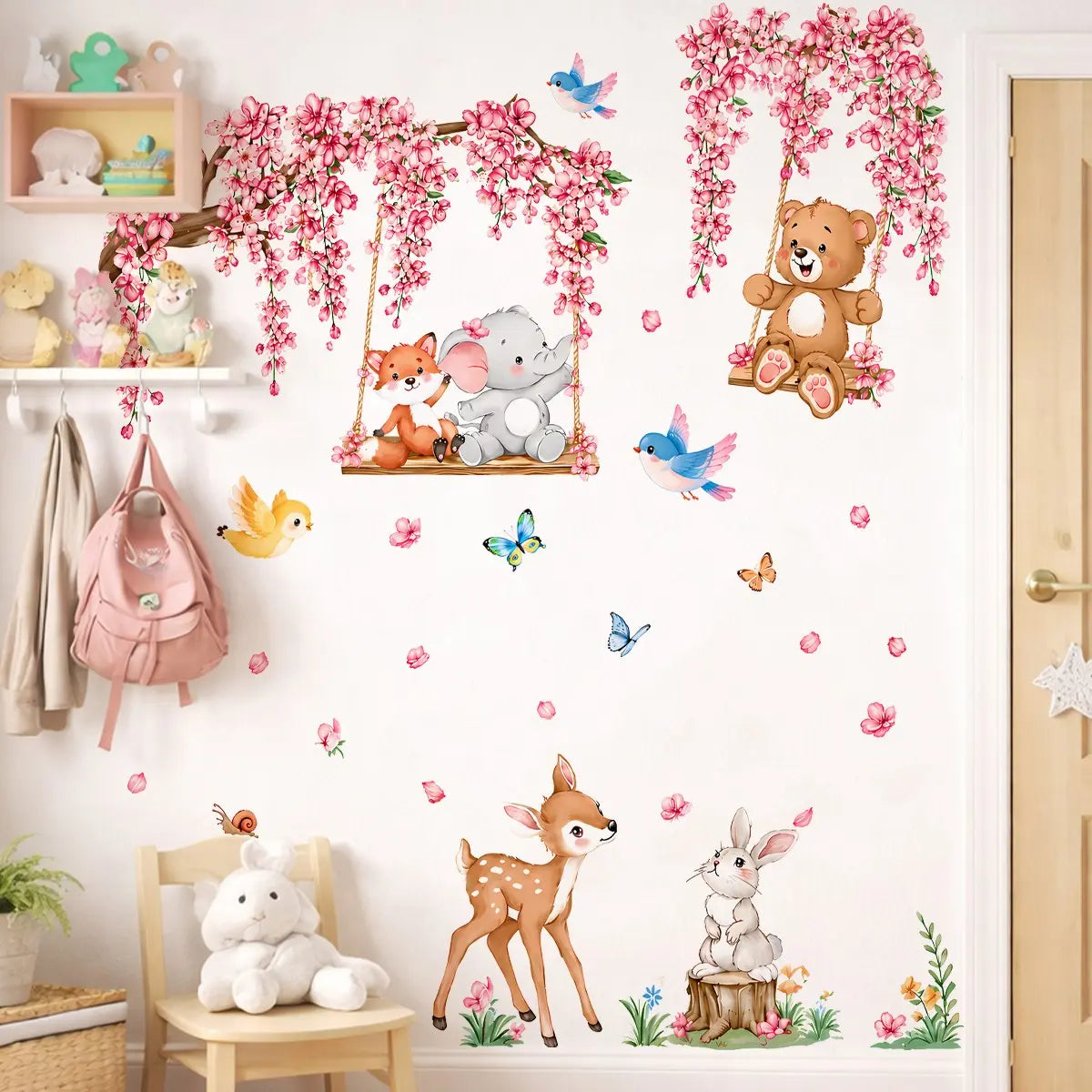 Pink Cherry Blossom Woodland Animal Wall Stickers, Removable No Residue Wall Decals for Girls Nursery, Baby Room & Playroom Wall Art, Decorative Wall Sticker, Wall Stickers Decorations