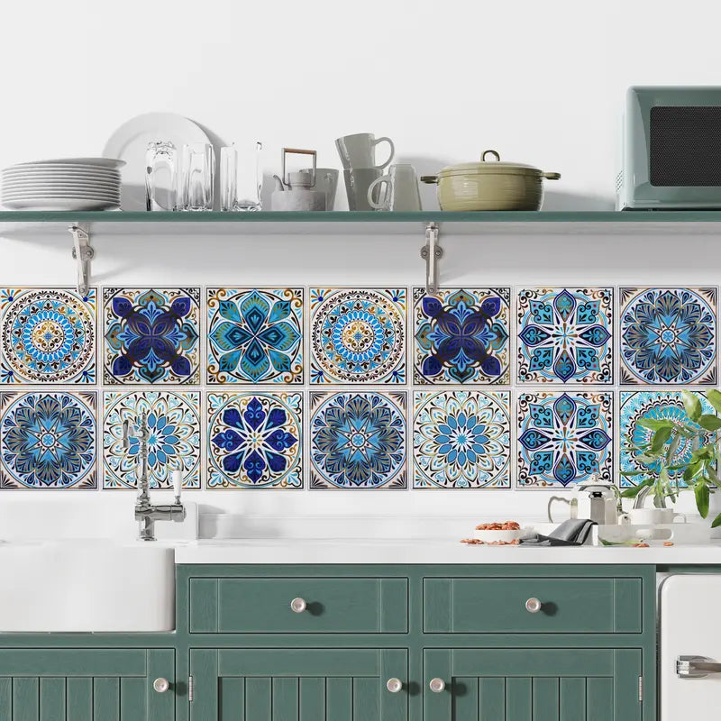 20pcs 4x4in Self-Adhesive Blue Mandala Art Stickers - Waterproof Vinyl, Classic Flashing Whimsical, Renter-Friendly Multi-Surface, Kitchen Accessories for Tile, Bathroom Decor Ideas, Accent Wall Home Decor