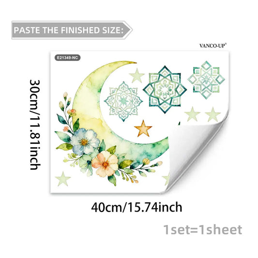 A piece (30*40cm) of Eid al-Fitr flower and moon window stickers with electrostatic adsorption for glass windows, festival decoration and beautification E21349-NC